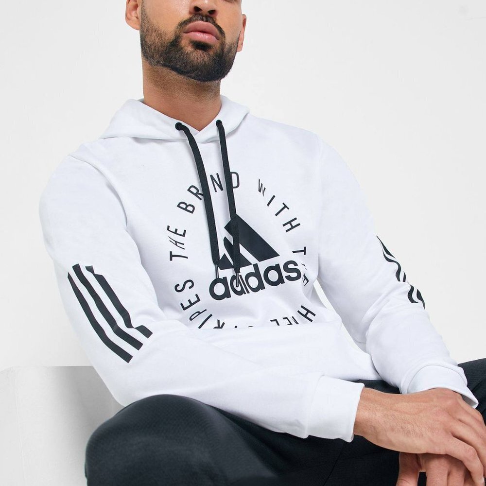 adidas Sport ID Pullover Hoodie White Black Graphic Size M - Picture 1 of 11